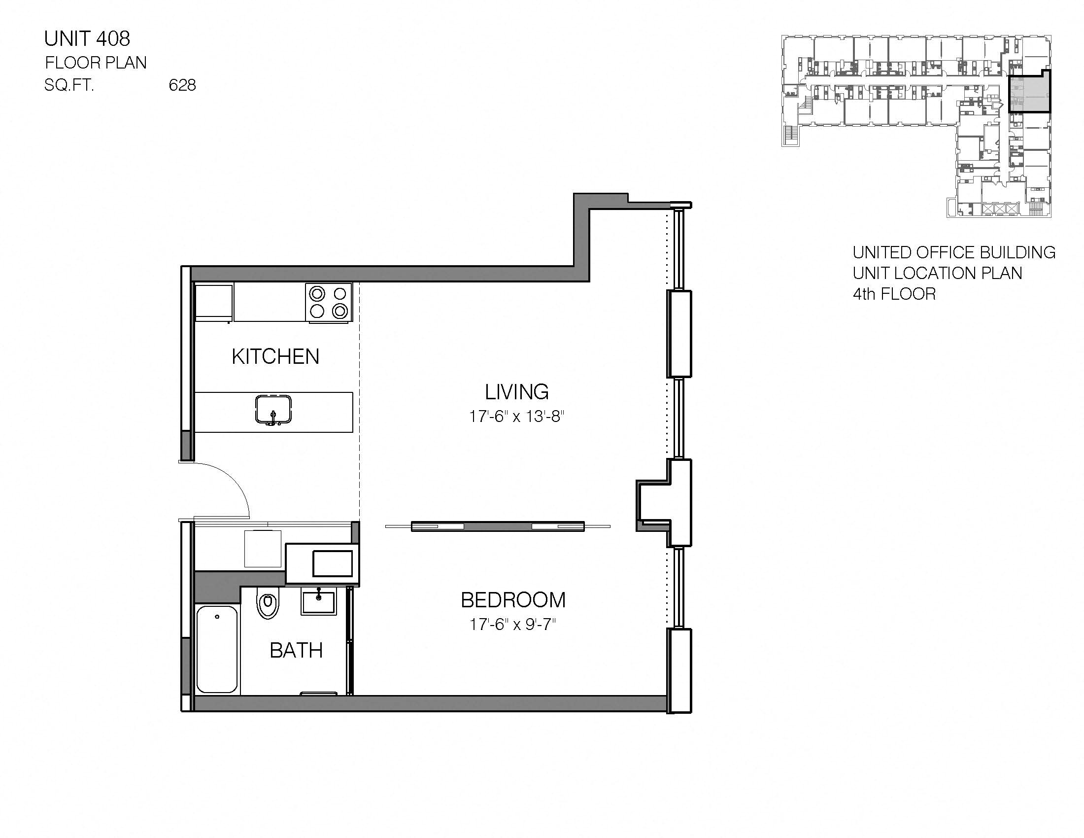 Floor plan for 1 bed, 1 bath, 628 sqft